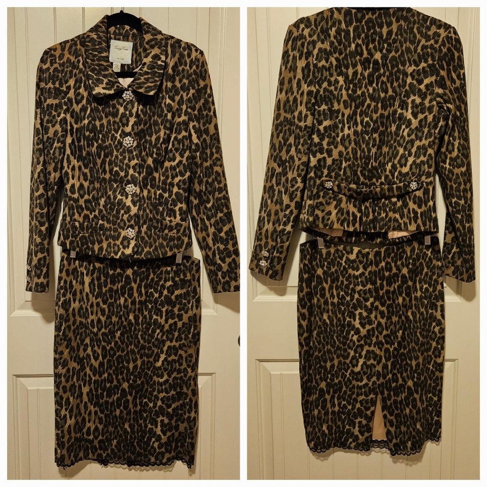 Tracy Reese Embellished Leopard Animal Print Jacket and Skirt Set Size 10